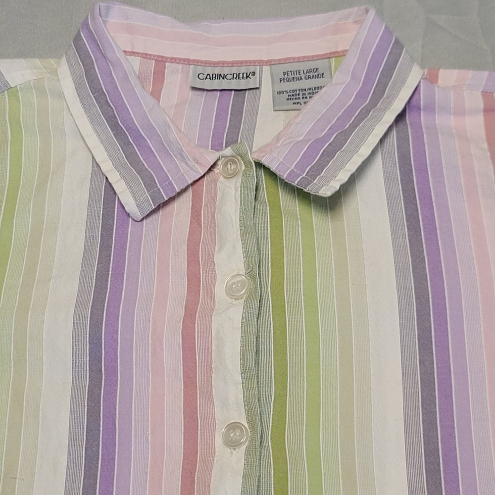 Cabin Creek Button Down Shirt Womens Petite Large Multi Color Striped Cotton PL